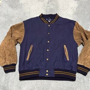 Luna Pier Jacket Mens XL Navy Brown Wool Suede Varsity Embroidered